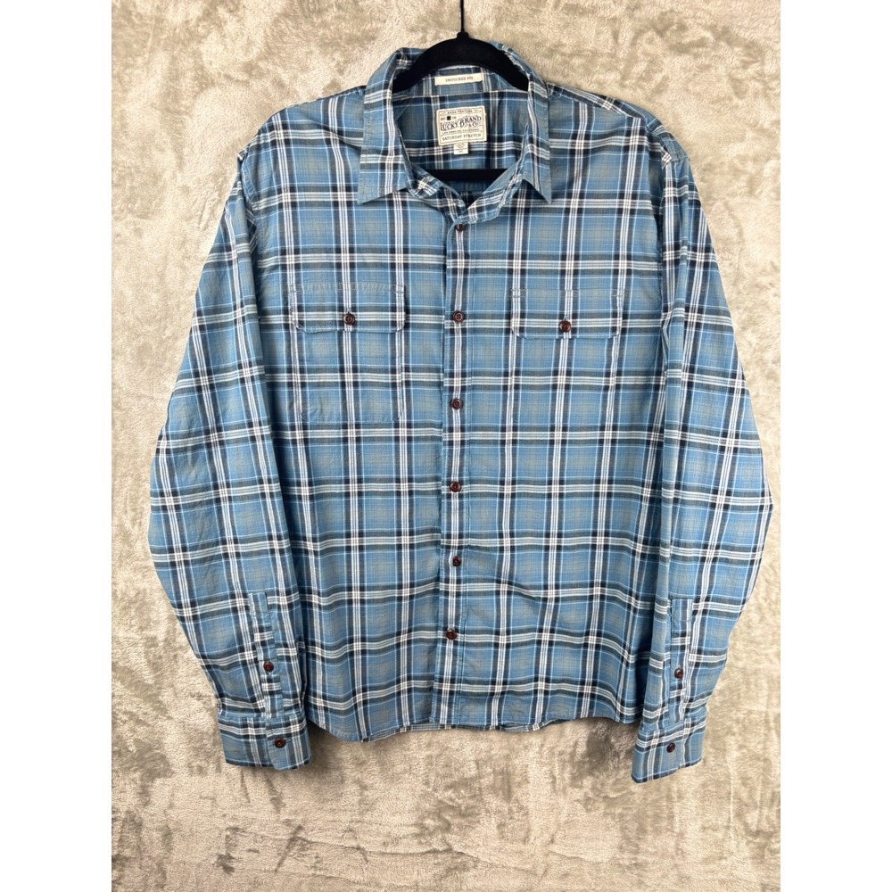 Lucky Brand Mens Large Blue Plaid Untucked Fit Button Down Shirt‎ Workwear